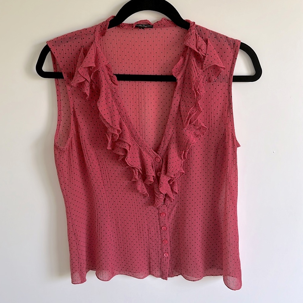 Nanette Lepore Pink & Black Polka Dot Sheer Silk Sleeveless Ruffle Blouse Top